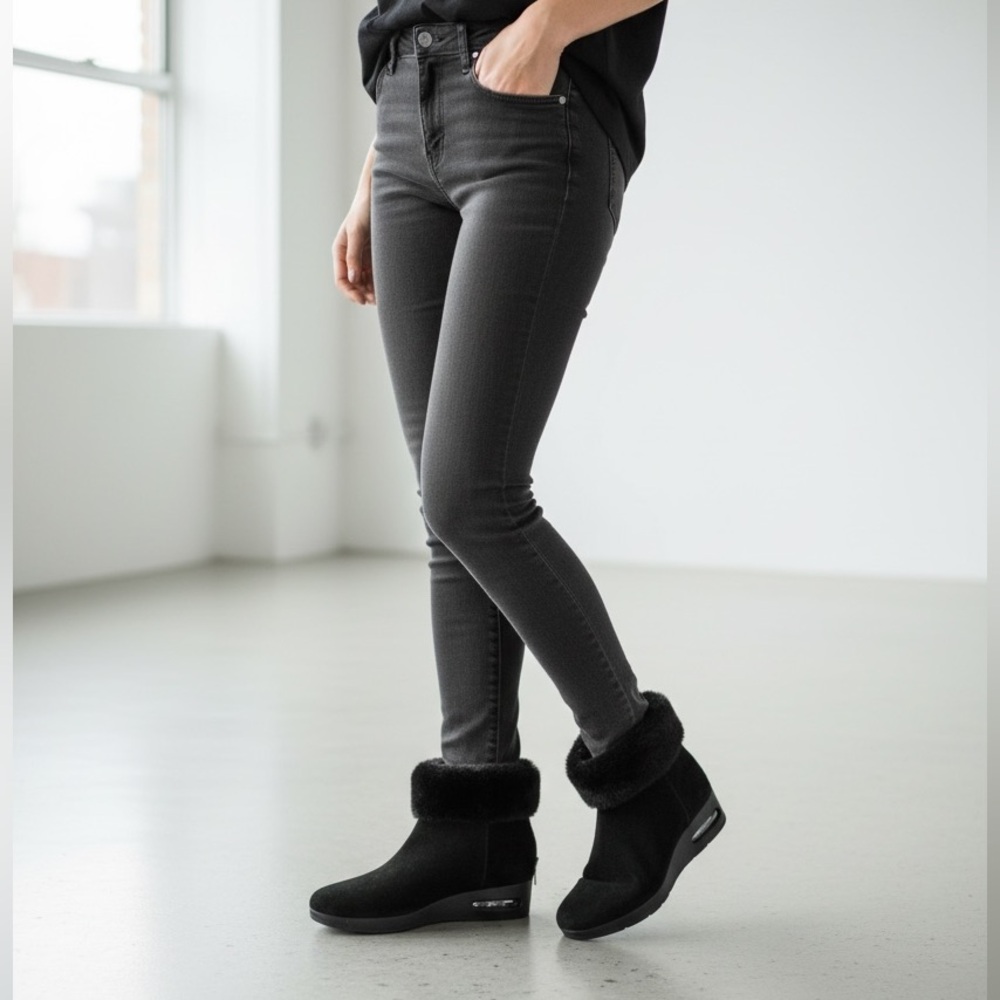 DKNY Black Faux Fur Wedge Ankle Boots - Size 10